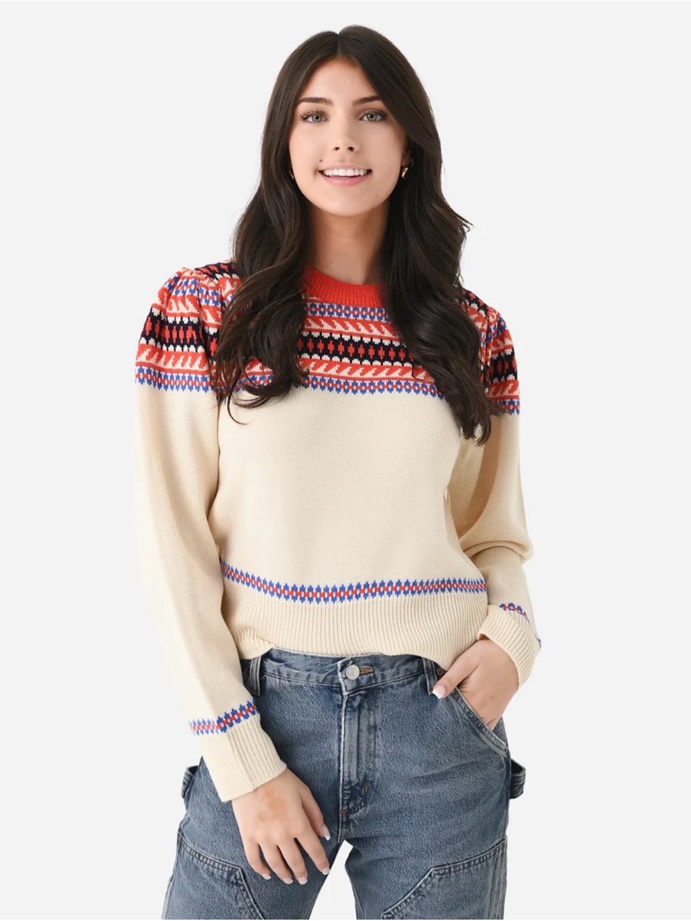 Hunter Bell Jackie Fair Isle Wool Blend Crewneck Sweater Cream Puff Shoulder XS - Picture 2 of 13